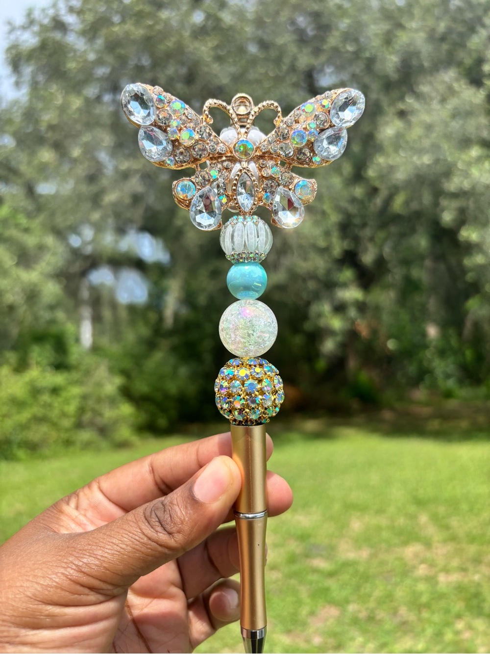 Handcrafted Gold Butterfly Crystal Beaded Ballpoint Pen - Turquoise & Iridescent